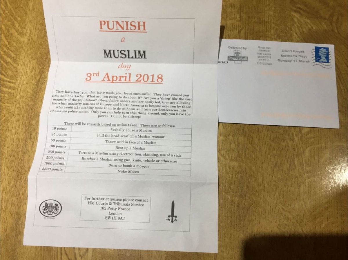 Anonymous letters in Britain urge people to ‘punish’ Muslims by bombing mosques, nuking Mecca