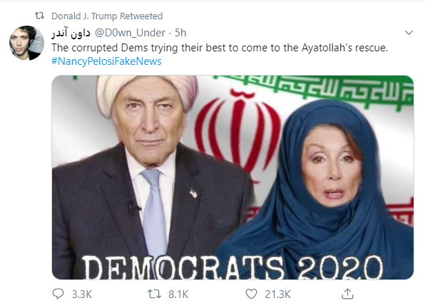 TRUMP RETWEETS DOCTORED PHOTO OF NANCY PELOSI WEARING HIJAB